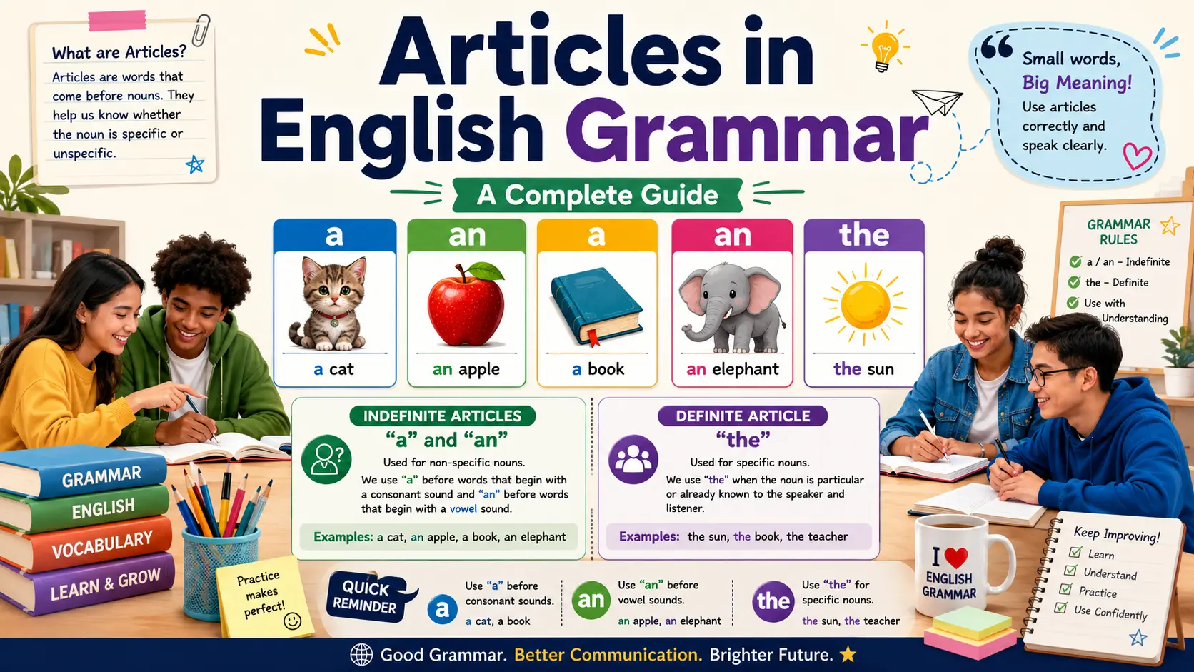 Articles in English grammar showing the use of A, An, and The with examples.