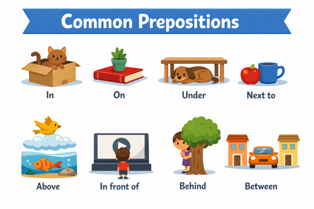 Common prepositions illustrated visually