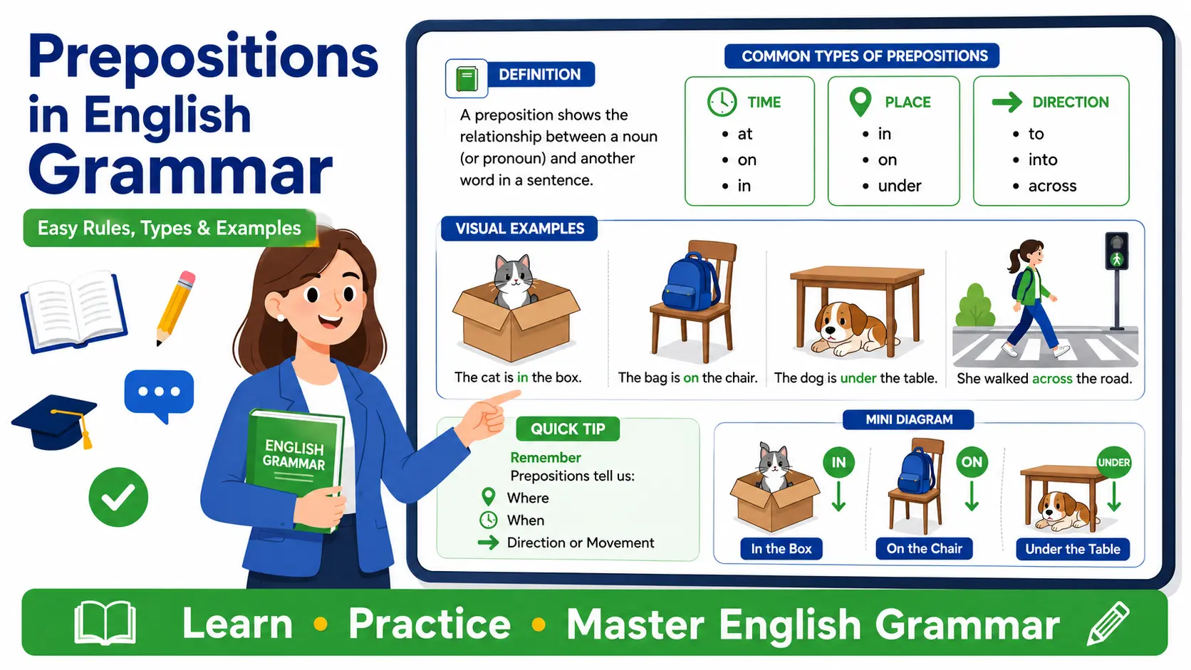 Educational banner explaining prepositions in English grammar with definitions, types, and illustrated examples of place, time, and direction.