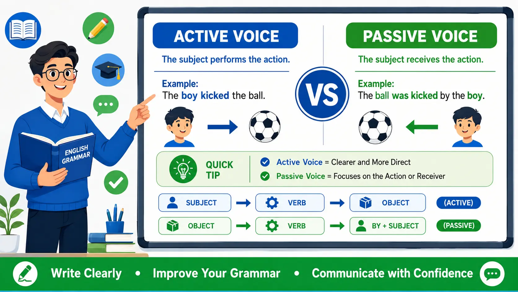 Educational infographic comparing active voice and passive voice with definitions, sentence structure, and easy examples.