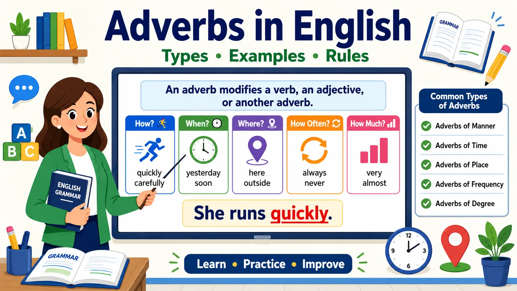 Educational infographic explaining adverbs in English with types, examples, grammar rules, and classroom illustrations.