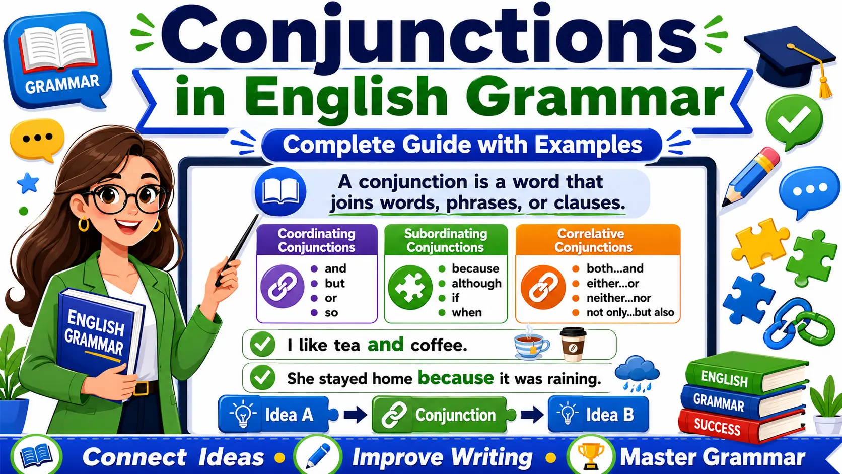 Educational infographic explaining conjunctions in English grammar with definitions, types, examples, and sentence-connecting diagrams.