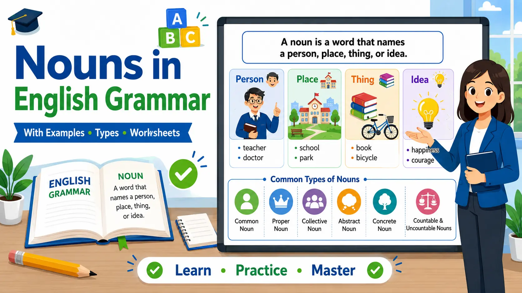 Educational infographic explaining nouns in English grammar with definitions, examples, noun types, and classroom illustrations.