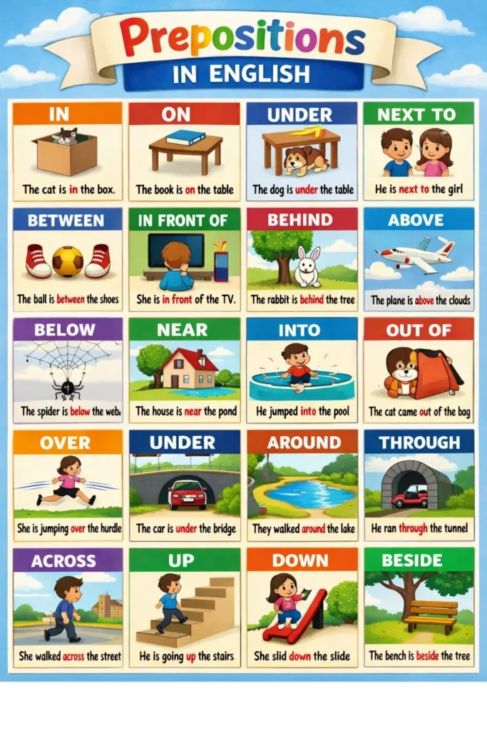 prepositions in English examples chart