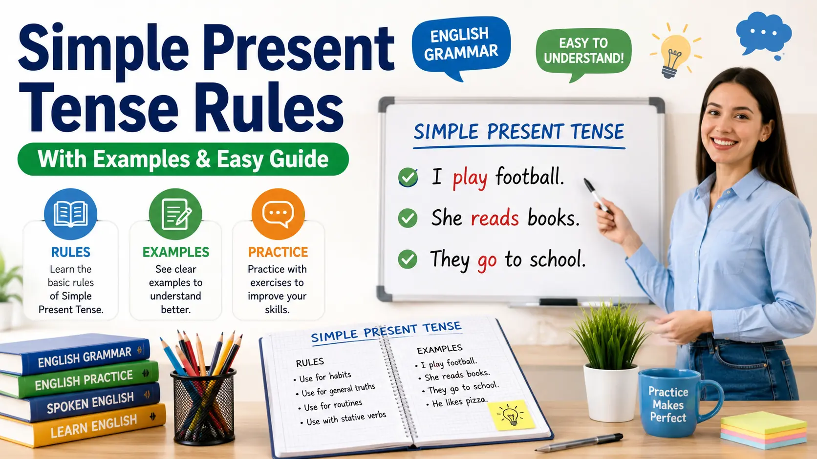 Simple Present Tense Rules educational guide showing grammar examples on a classroom whiteboard with students learning English grammar.