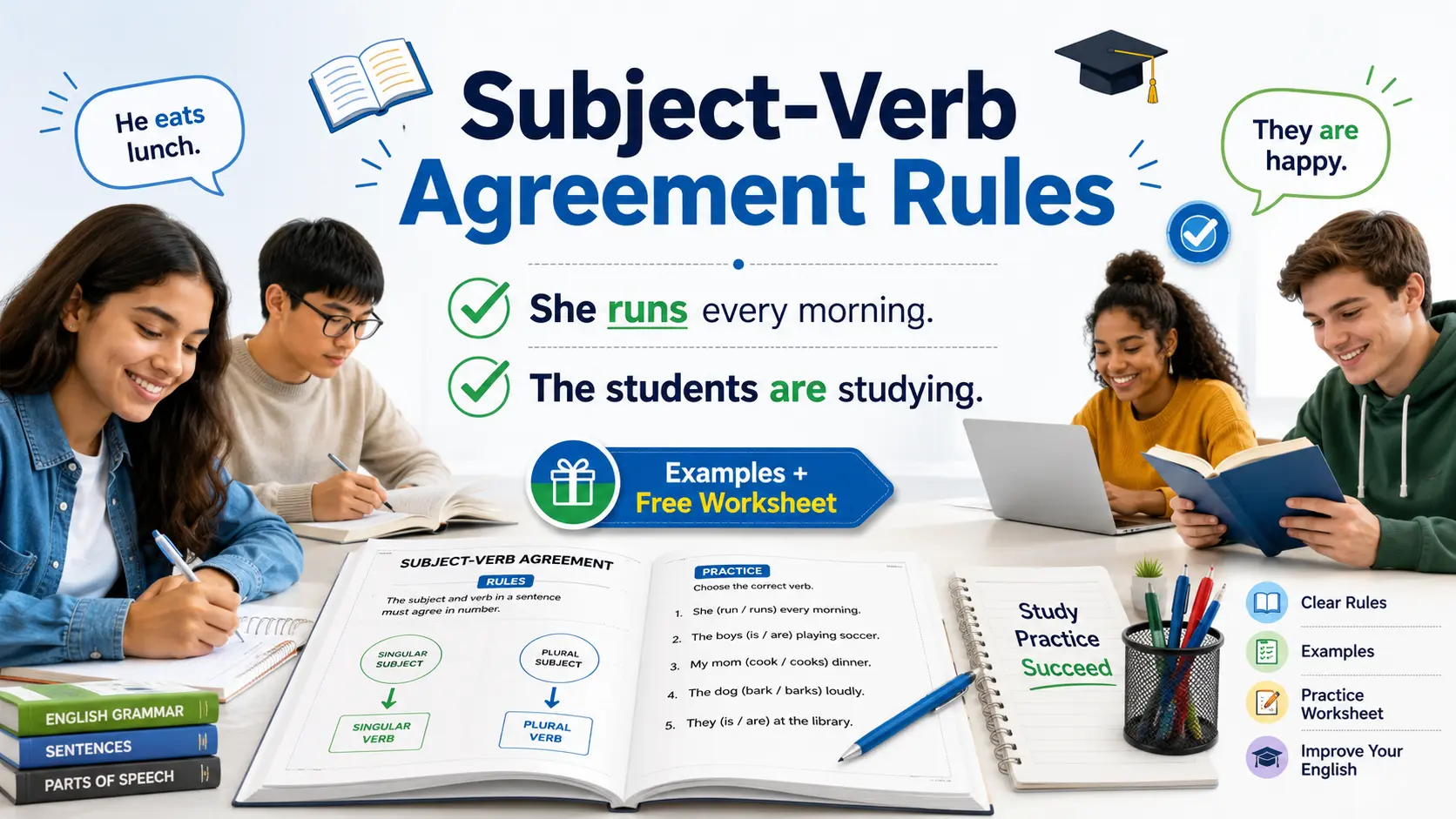 Subject-Verb Agreement Rules with grammar examples, correct sentence structures, and free worksheet for English learners.