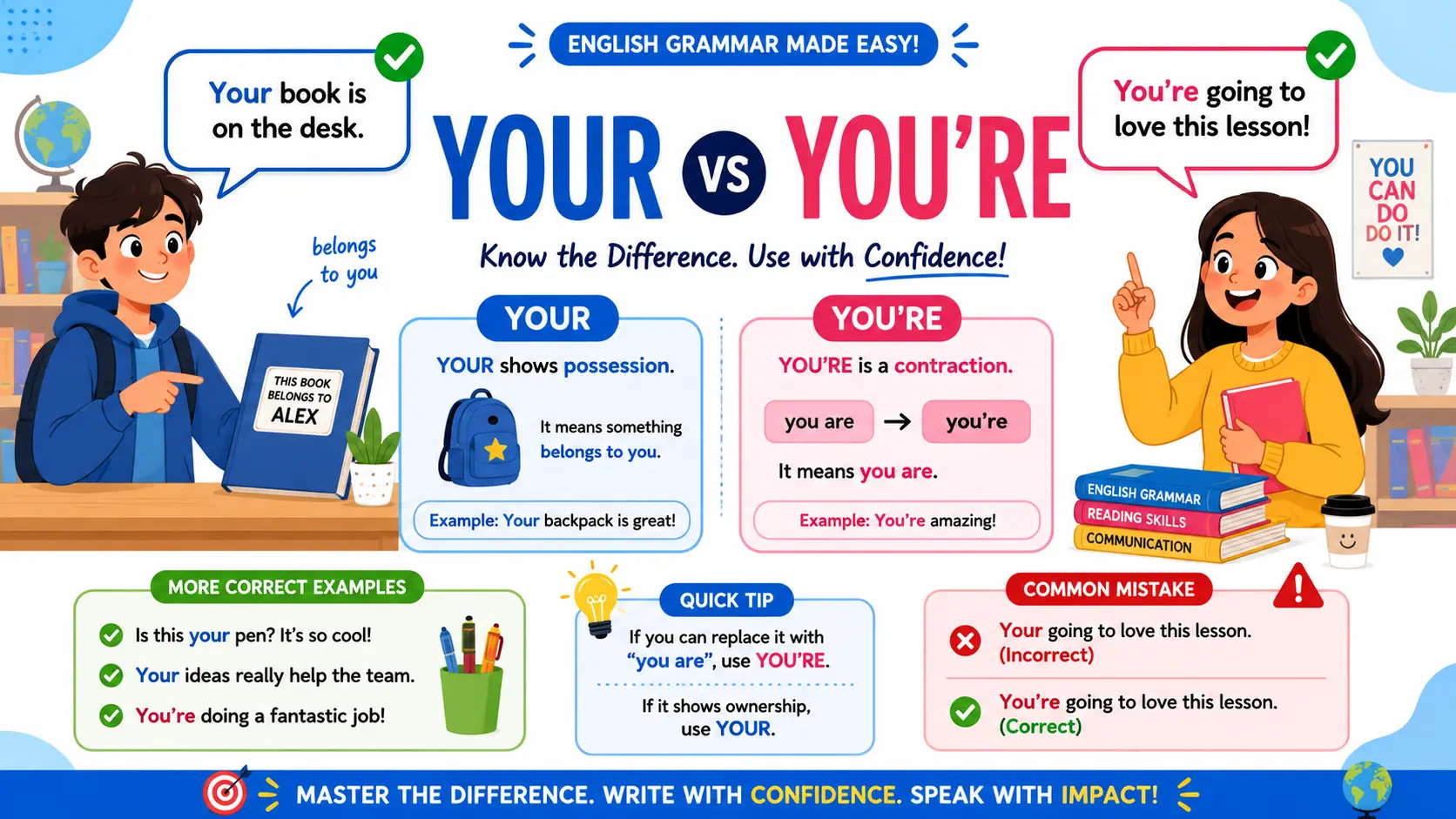 Your vs You're grammar guide with examples showing possession and contractions in English.