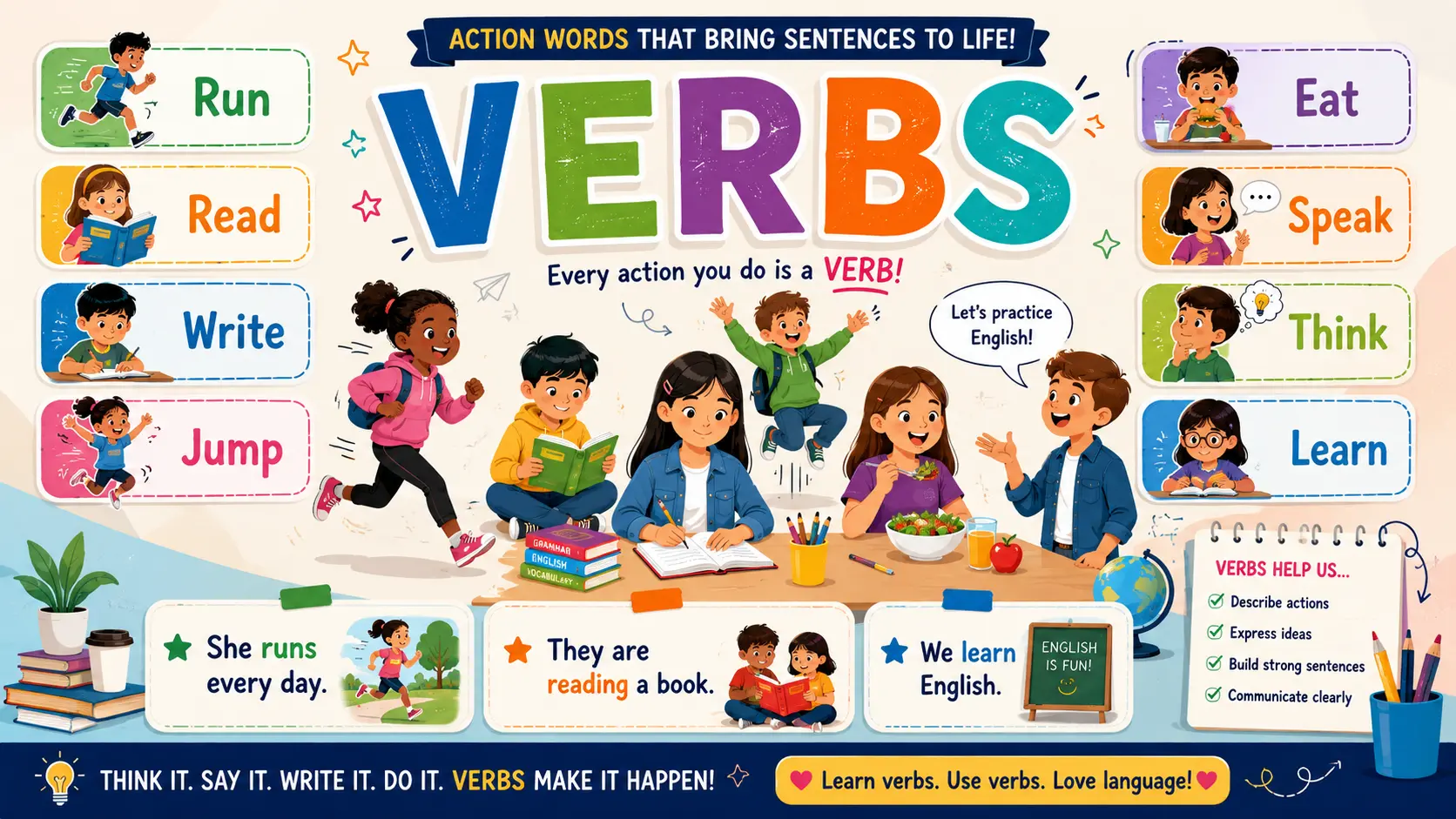 Students learning English verbs with action examples such as running, reading, writing, and speaking.