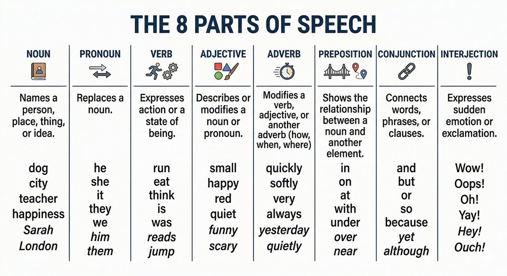 8 parts of speech in English with definitions and examples