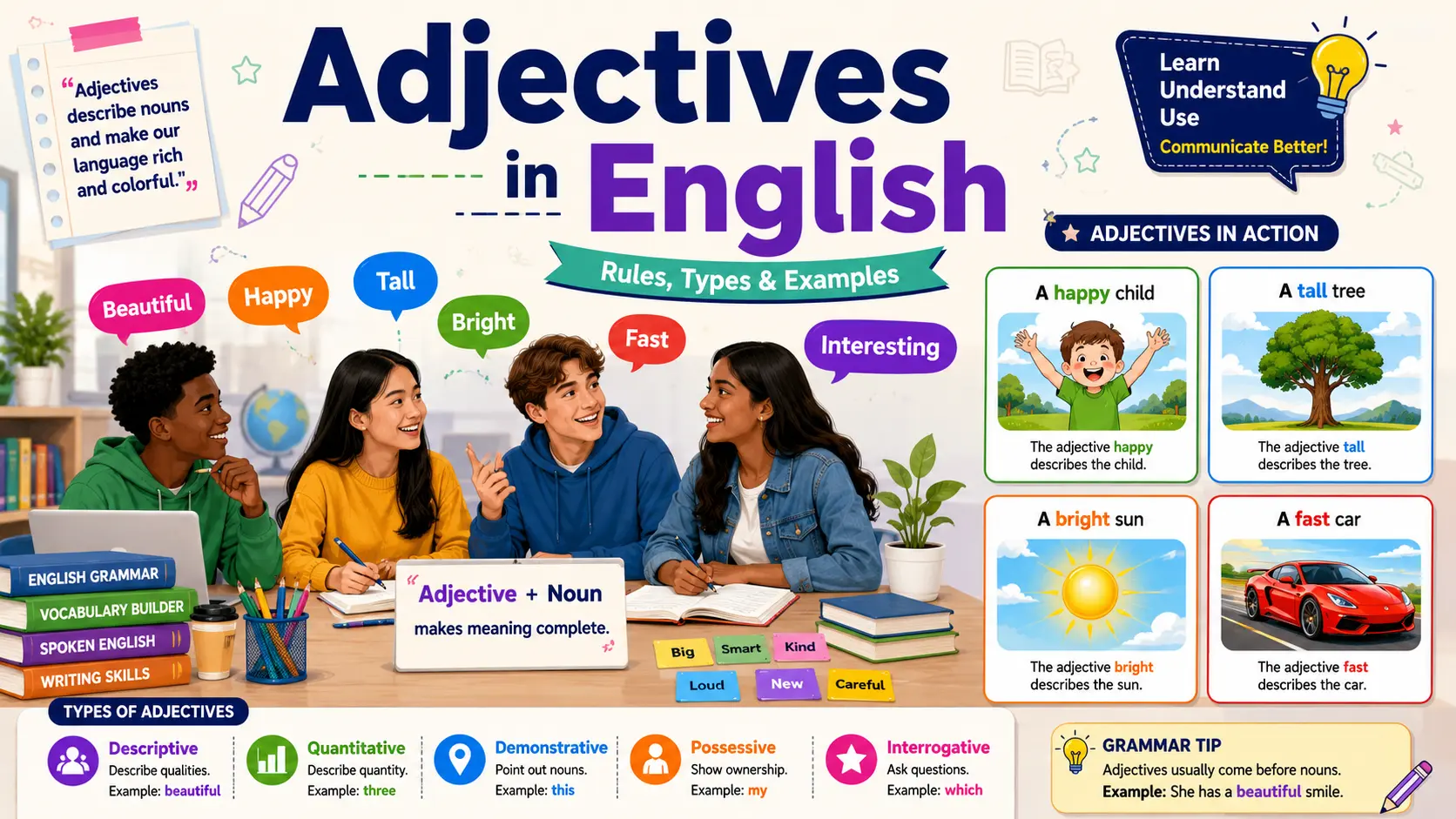 Adjectives in English grammar with examples such as beautiful, happy, tall, bright, and fast.