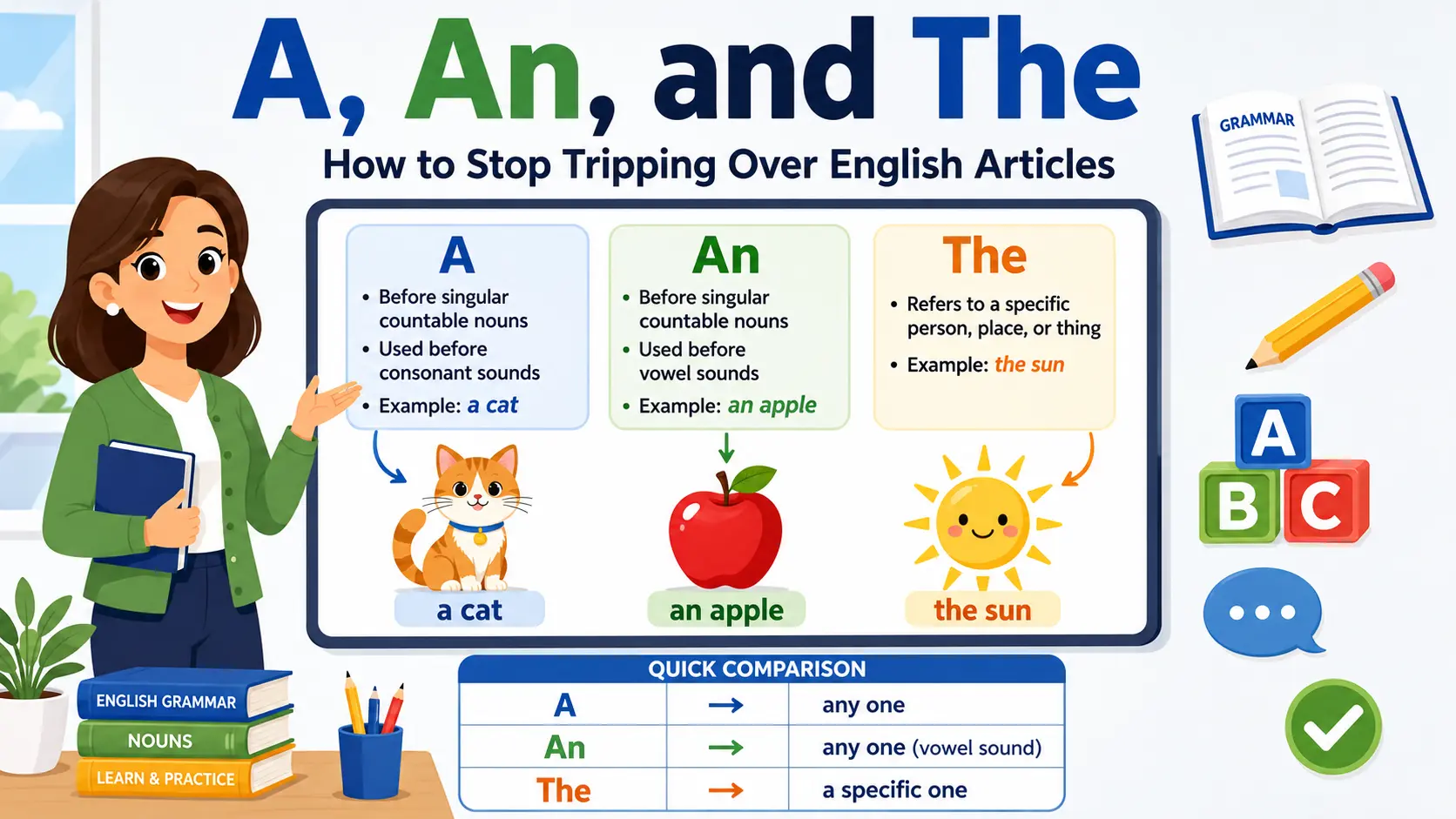 Educational illustration explaining how to use the English articles A, An, and The with simple rules and examples including a cat, an apple, and the sun.