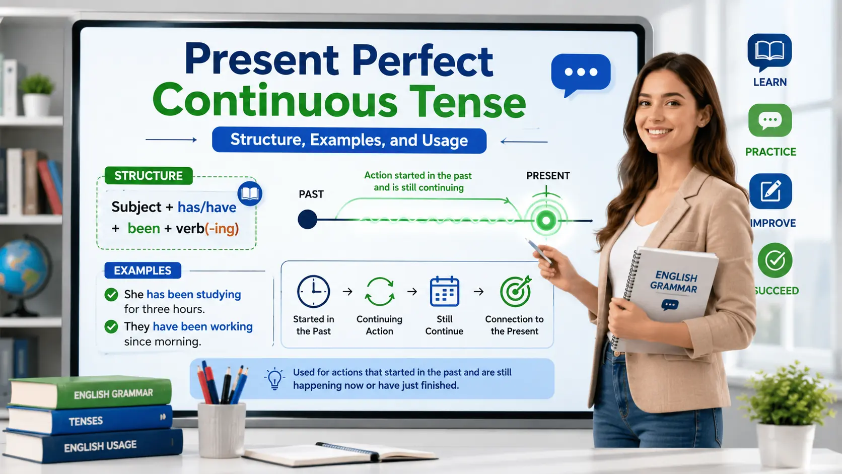 Present Perfect Continuous Tense grammar lesson with timeline, structure formula, and examples.