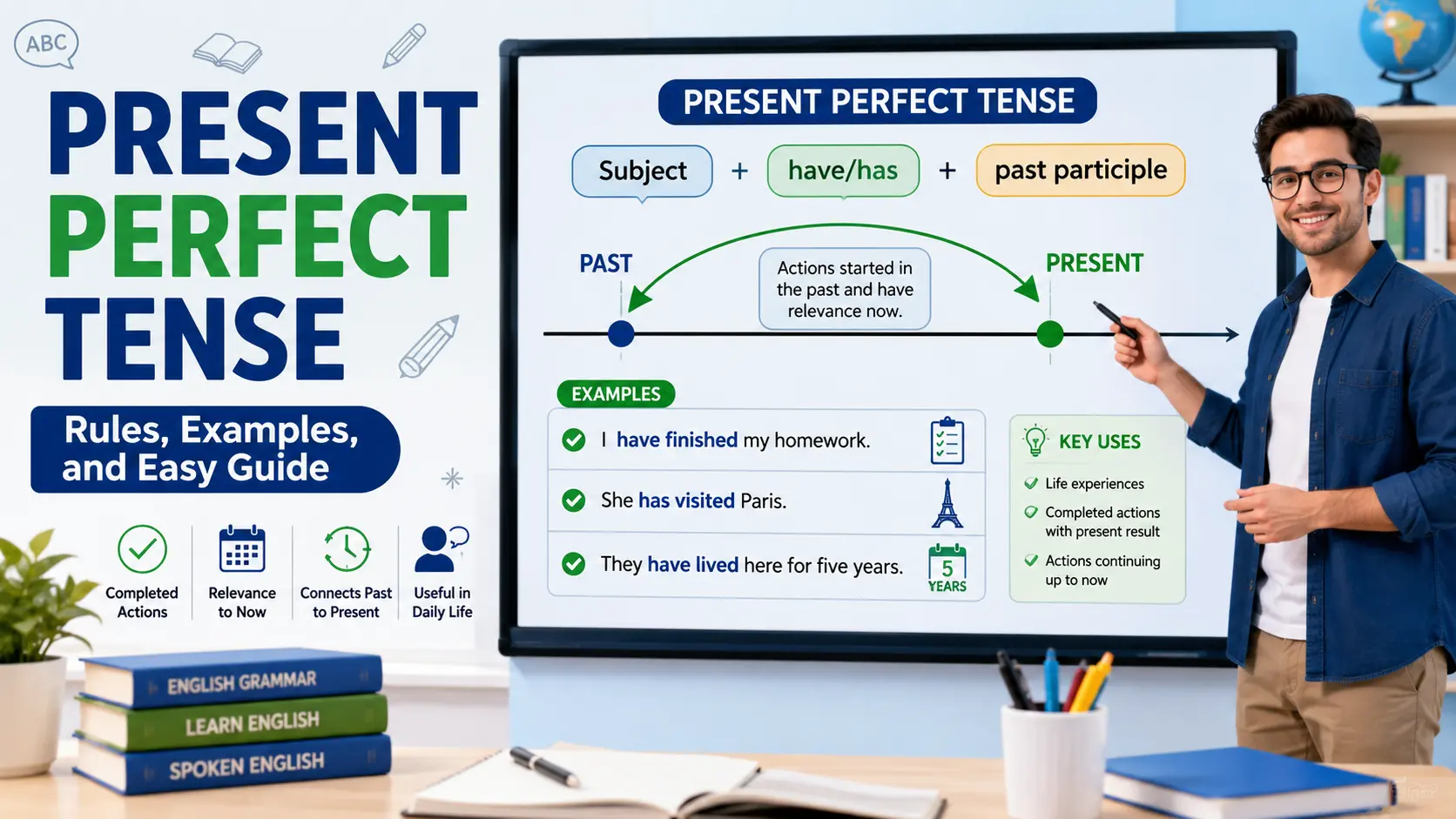 Present Perfect Tense grammar lesson featuring a teacher beside a digital grammar board showing rules, examples, and a timeline connecting past actions to the present.