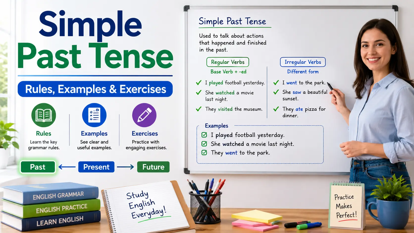 Simple Past Tense grammar lesson showing past tense examples, rules, and exercises on a classroom whiteboard for English learners.