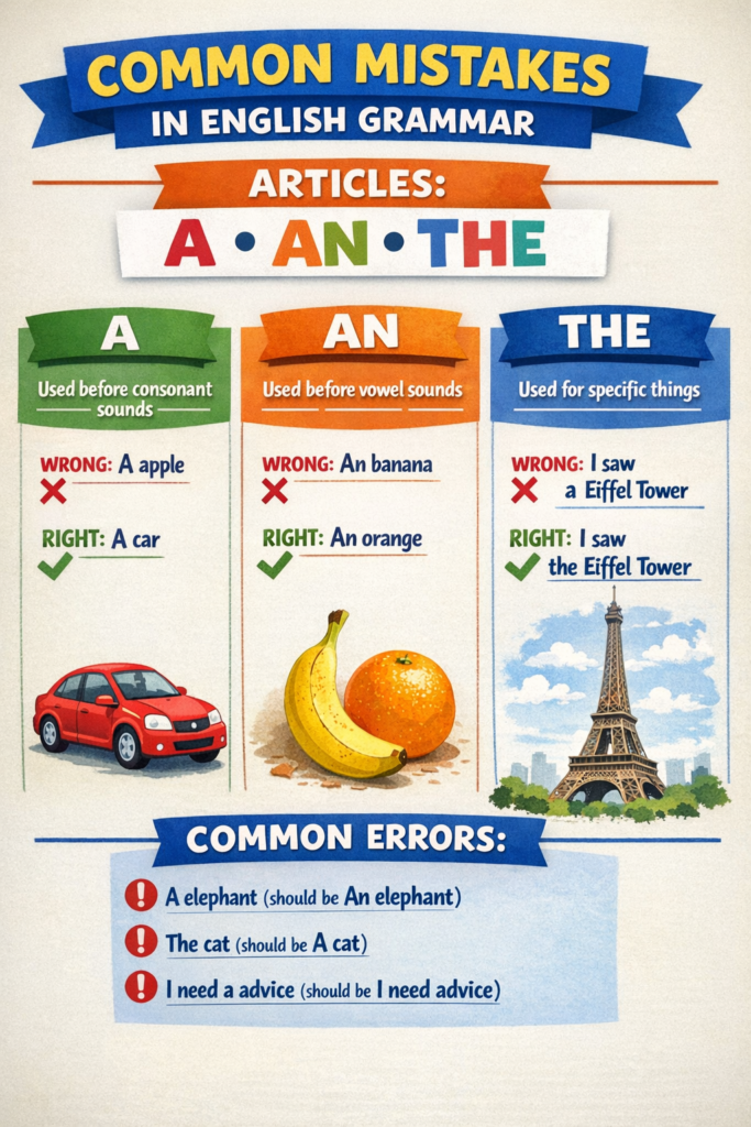 common mistakes in english grammar articles a an the