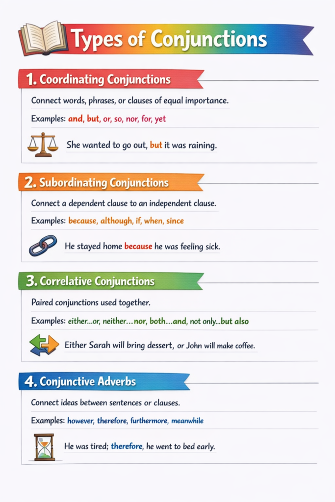 types of conjunctions chart with examples