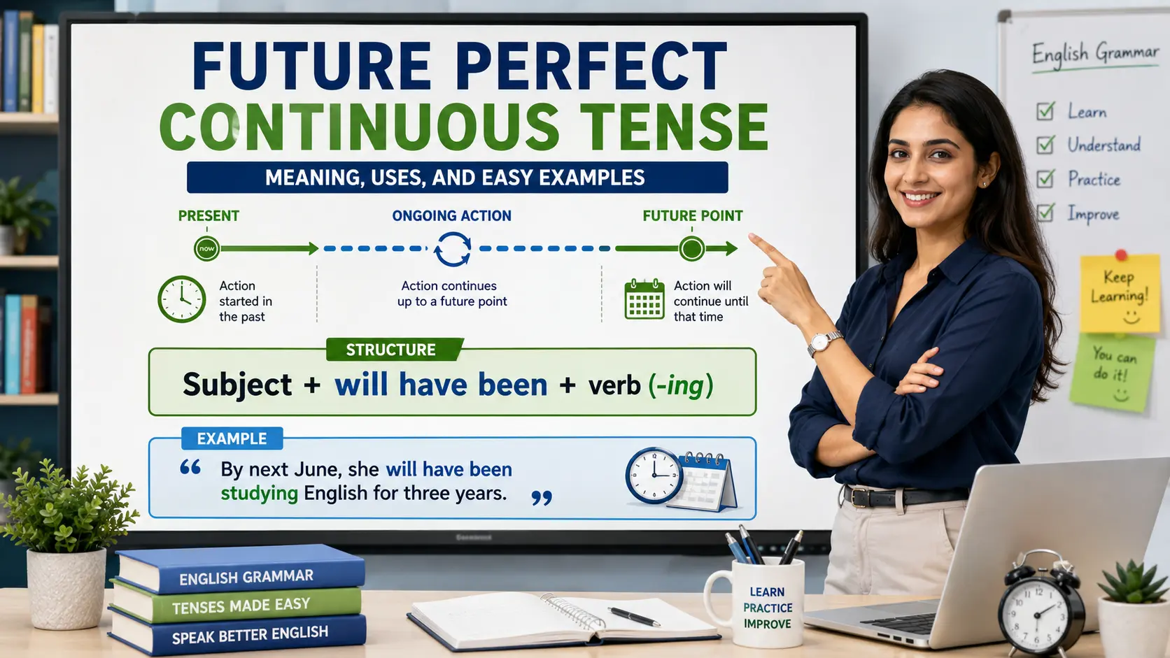 Future Perfect Continuous Tense timeline with grammar structure and example sentence