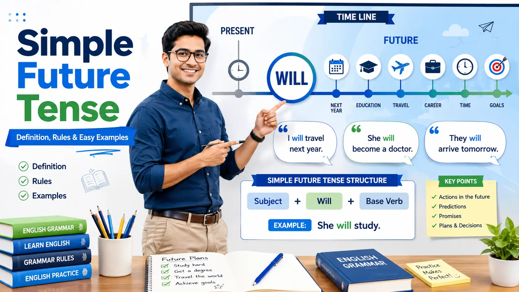 Student standing beside a digital timeline illustrating the Simple Future Tense, with future events highlighted and example sentences using “will” to show future actions and predictions.