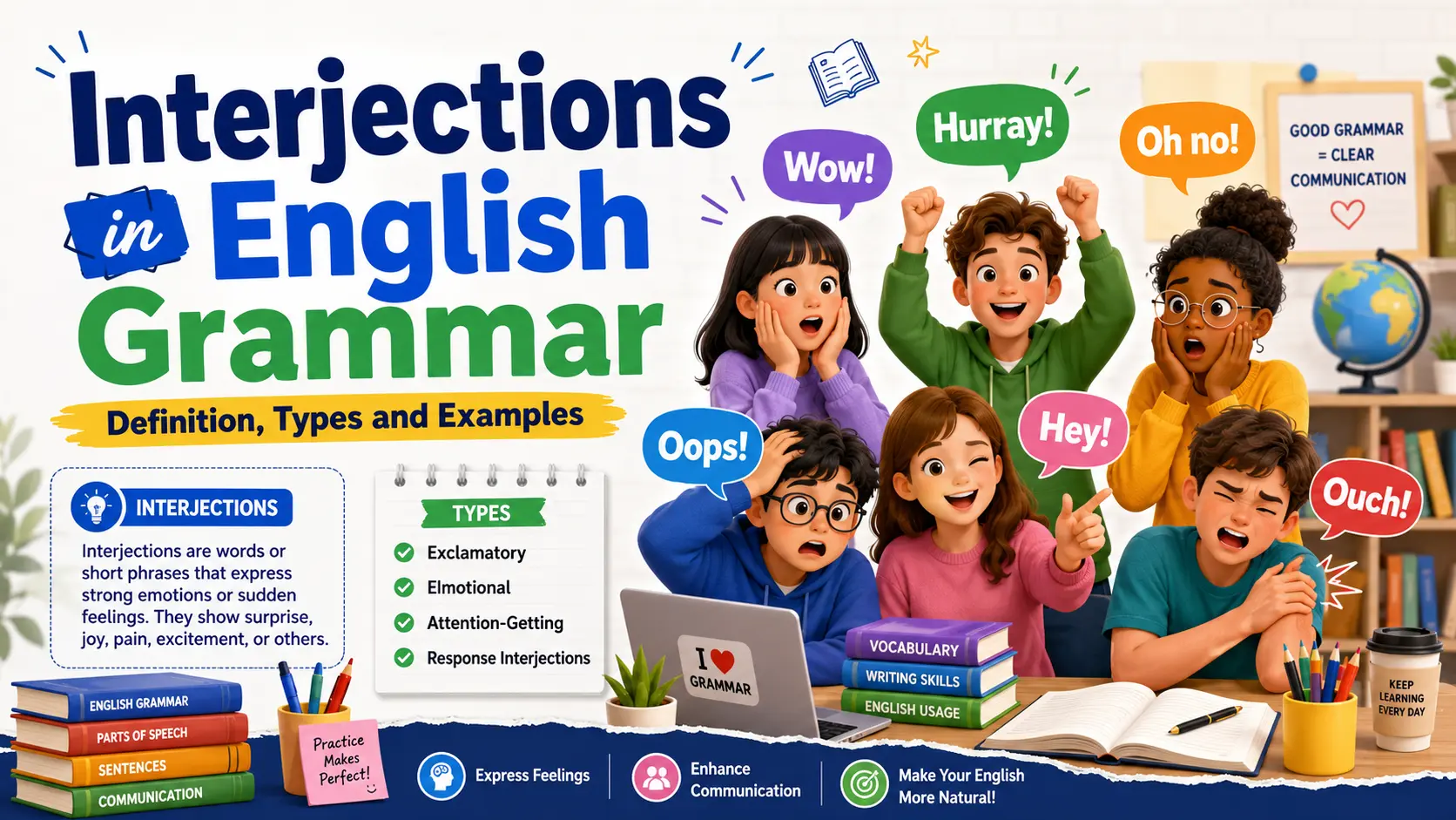 Interjections in English grammar with examples such as Wow, Oops, Hurray, and Ouch.