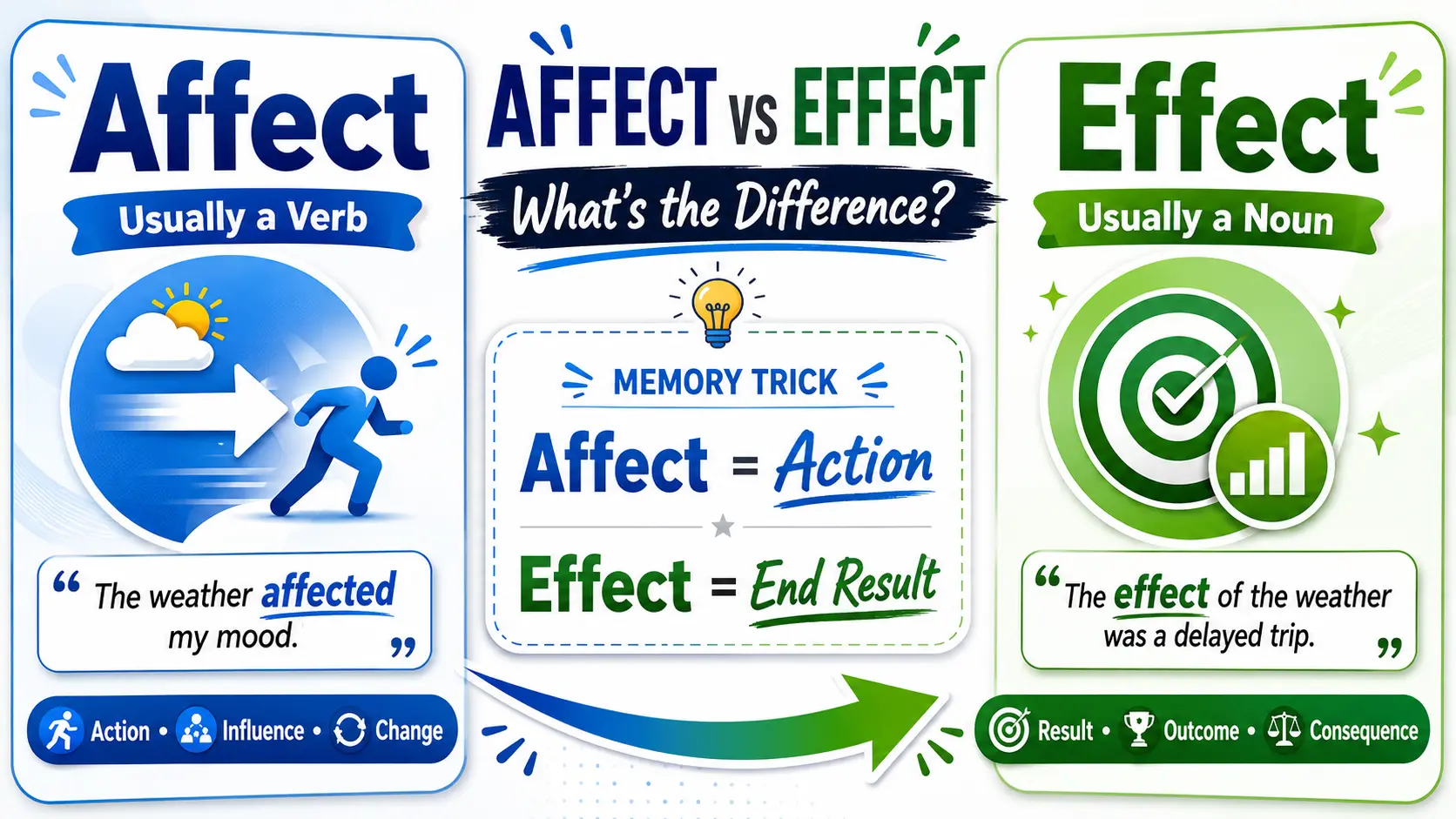 Affect vs Effect grammar infographic showing the difference between affect as a verb and effect as a noun with examples and memory tricks.