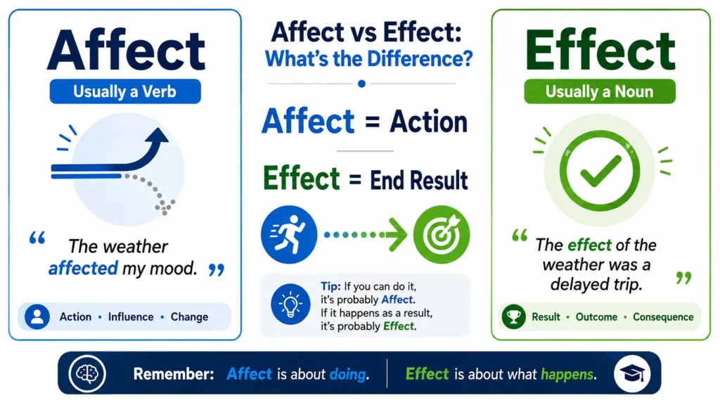 Affect vs Effect grammar infographic showing the difference between affect as a verb and effect as a noun with examples and memory tricks.