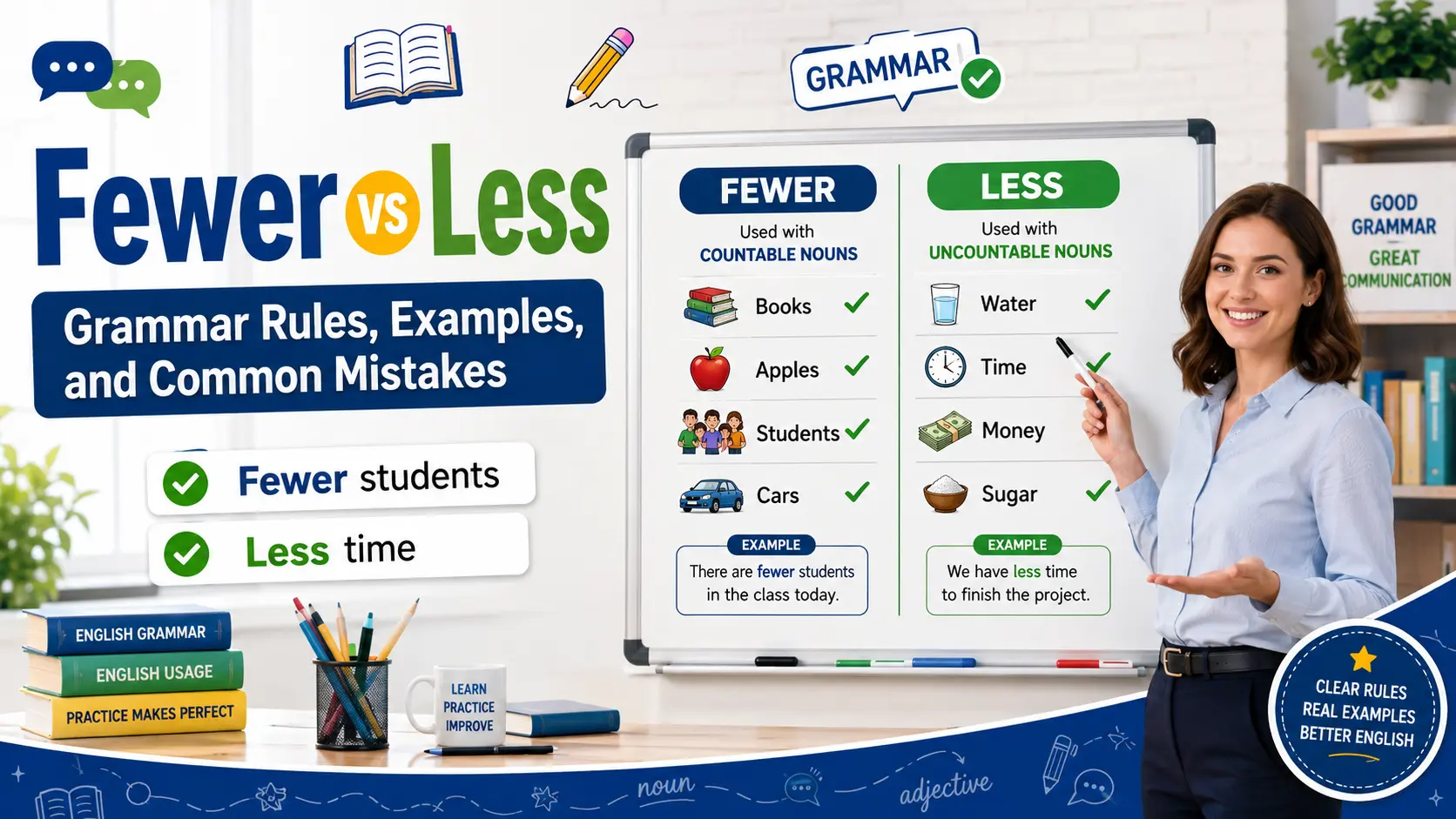Fewer vs Less grammar rules with countable and uncountable noun examples