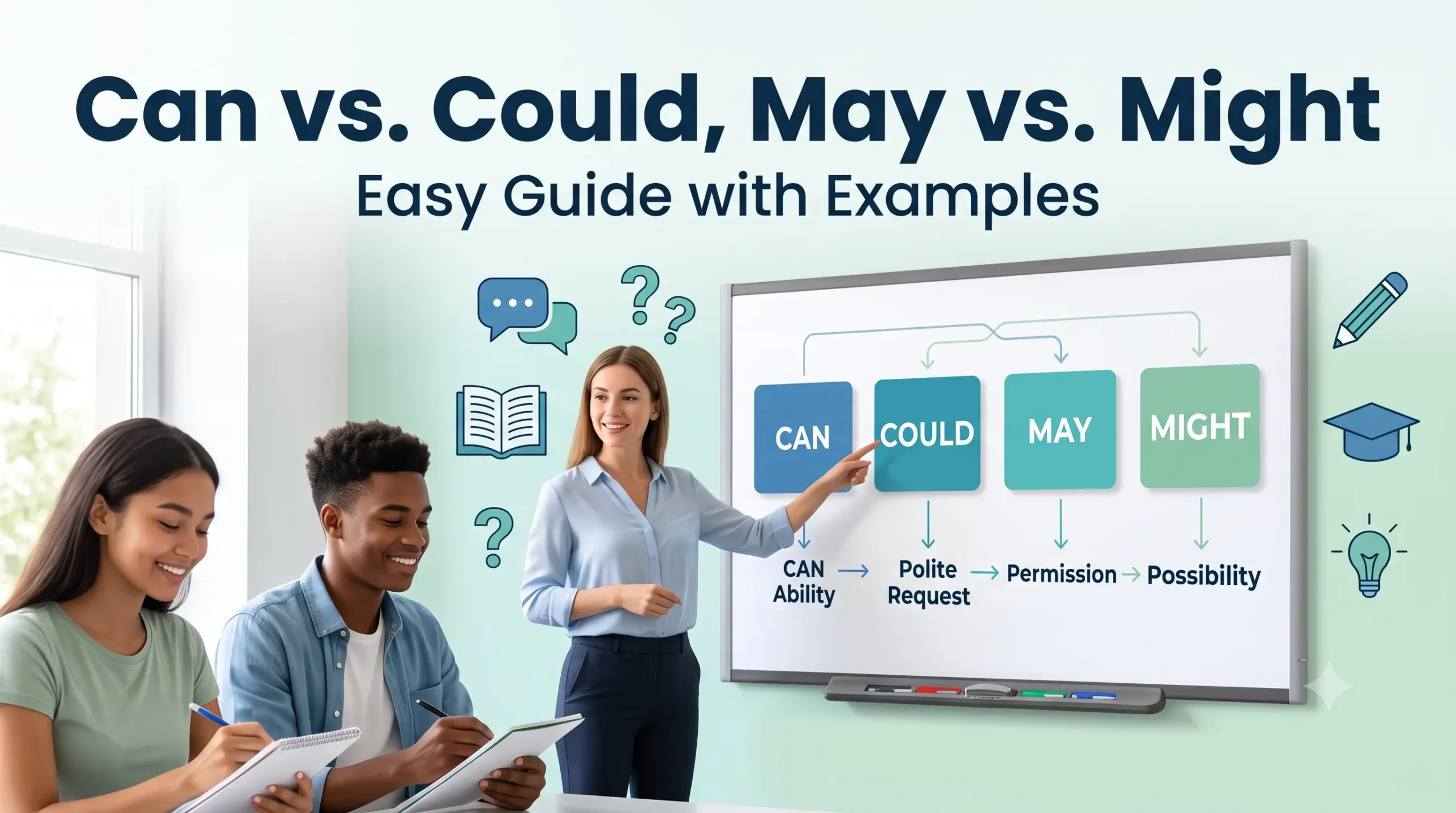 Can vs. Could, May vs. Might English grammar guide showing modal verbs with examples in a modern classroom.