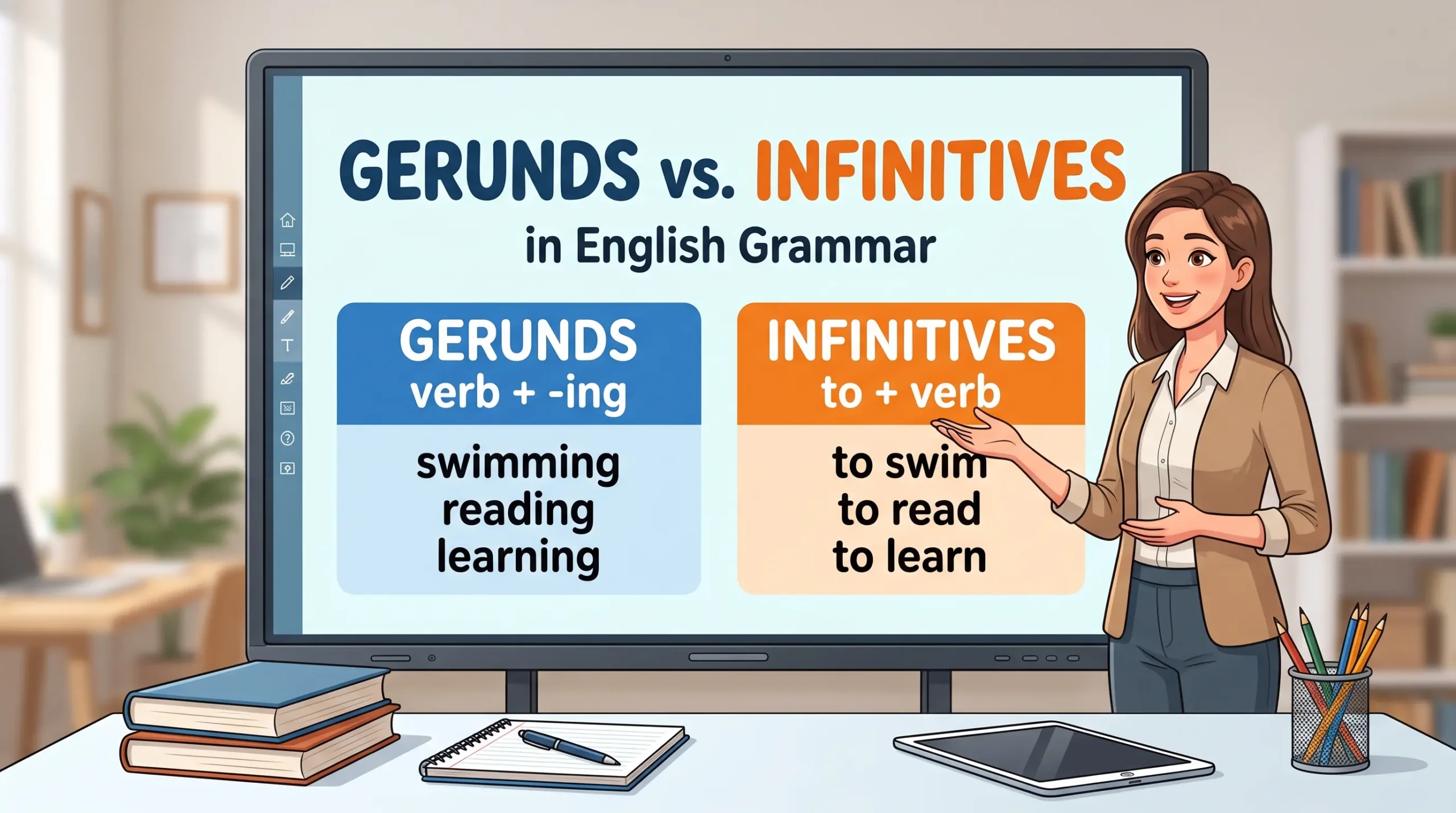 Digital smart board displaying "Gerunds vs. Infinitives" English grammar rules, with examples "swimming, reading, learning" on a blue card and "to swim, to read, to learn" on an orange card, while a teacher gestures toward them in a classroom-like study environment.