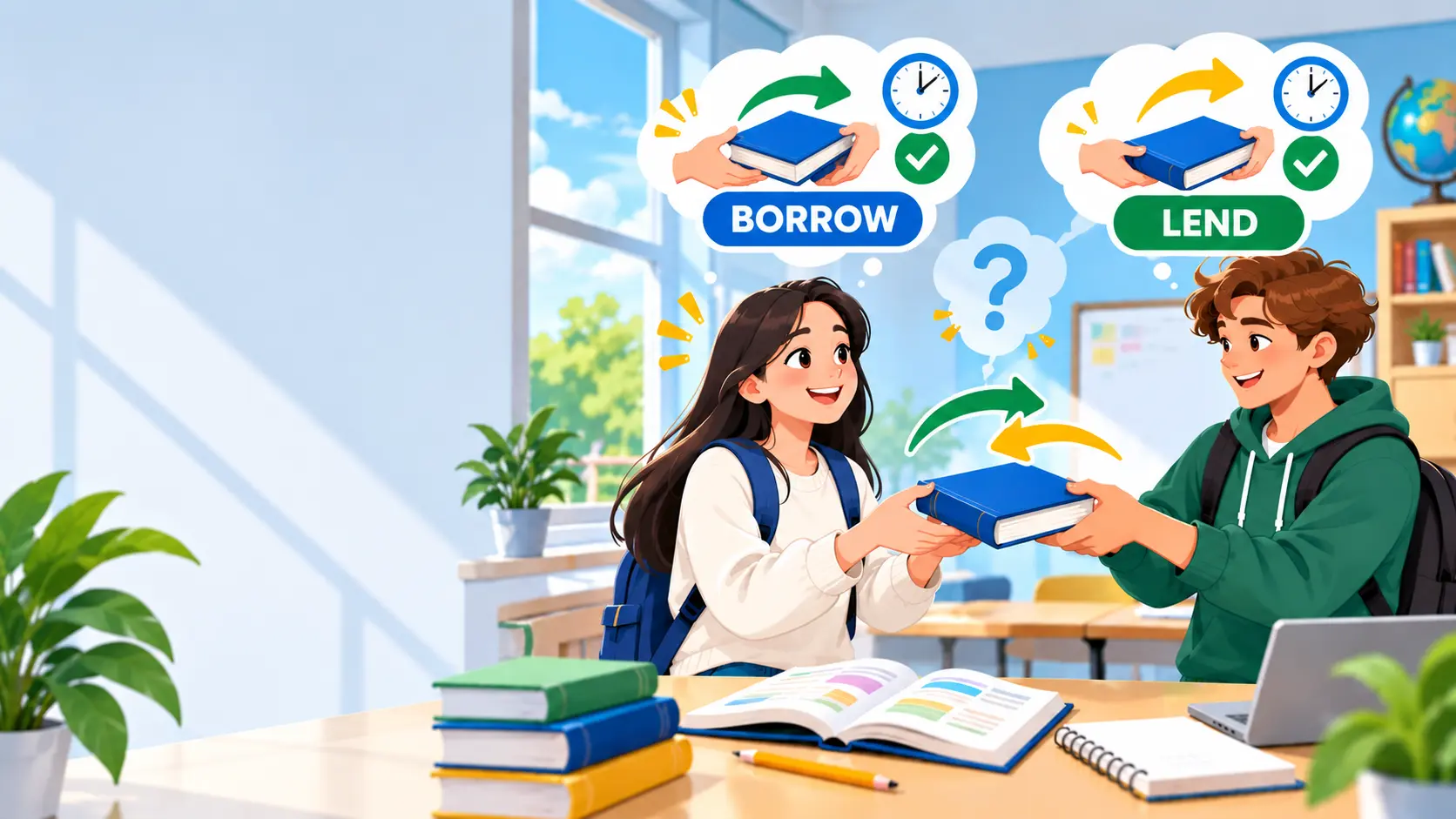 Illustration of two students exchanging a book with the words “BORROW” and “LEND”